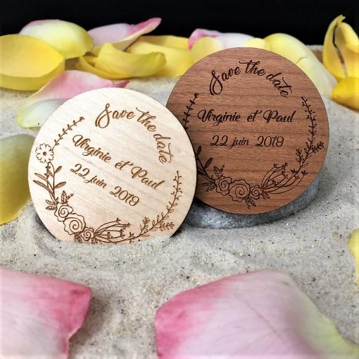 magnet personnalisé 50 mm rond en bois gravé pour les mariages