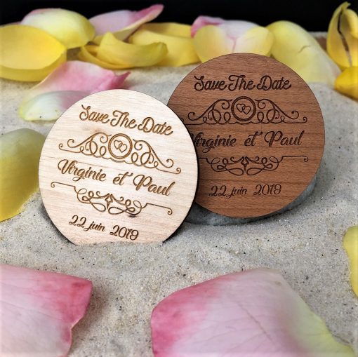 magnet personnalisé 50 mm rond en bois gravé pour les mariages